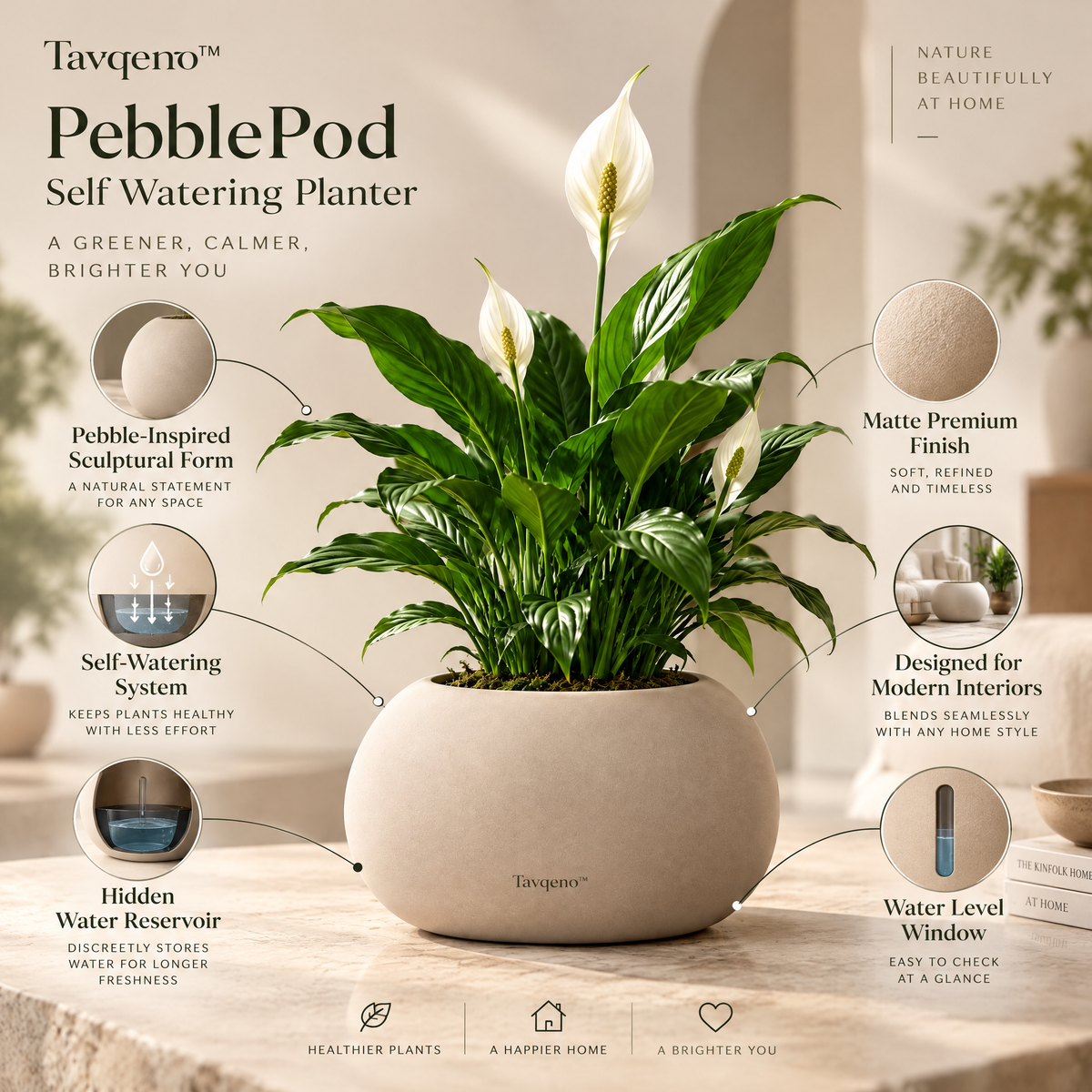 Tavqeno™ PebblePod Self Watering Planter